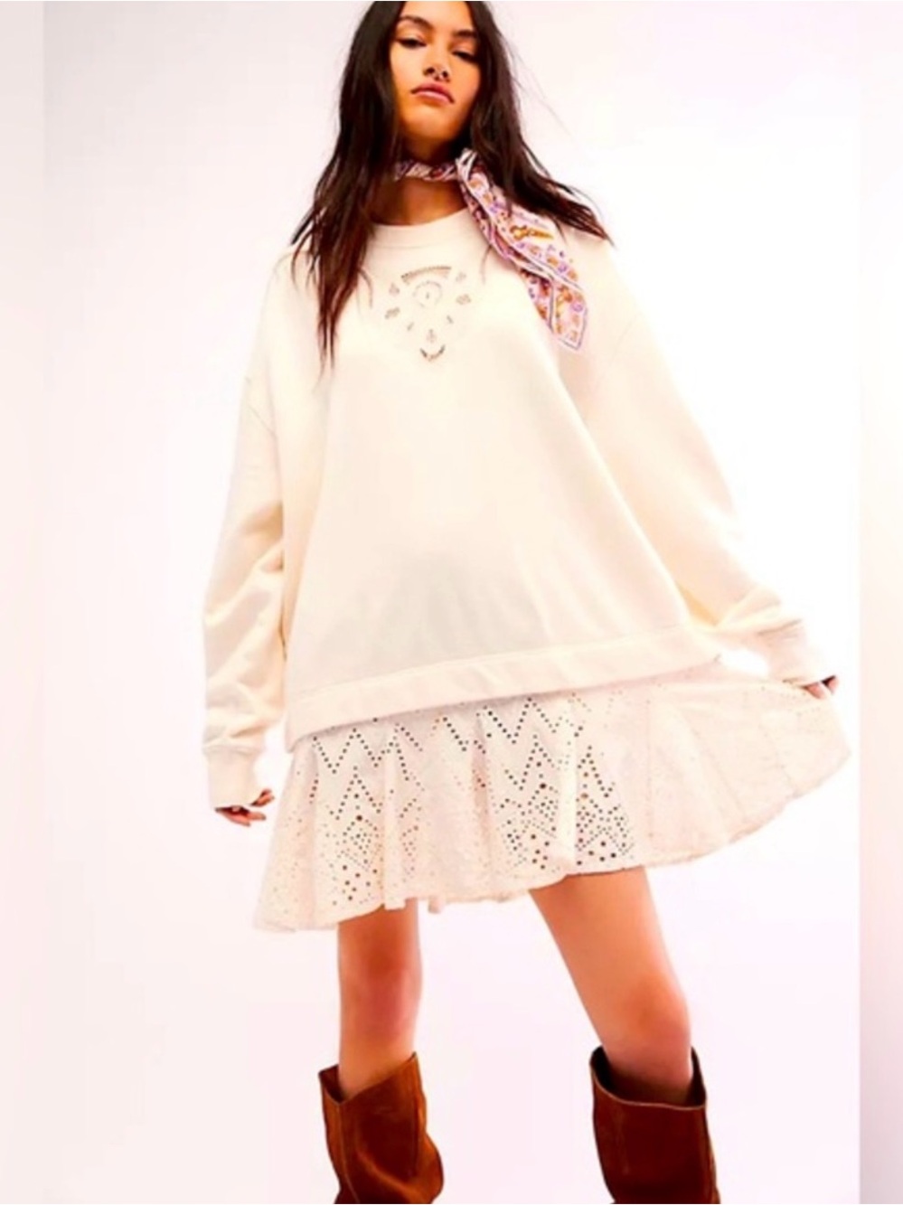 Free People Prairie Sweatshirt Tunic Dress Eyelet Lace Swing Hem Ivory Sz Small - Picture 4 of 9